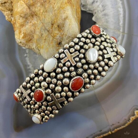 Gabby Jurado Sterling Silver Raindrops Coral, MOP & Crosses Bracelet For Women - Picture 1 of 10